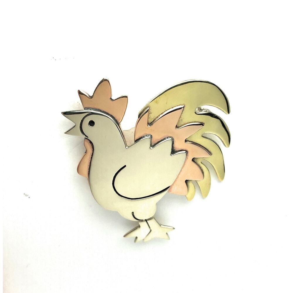 Far Fetched Rooster Pin Mixed Metals Chicken Brooch Limited Edition - Picture 3 of 3